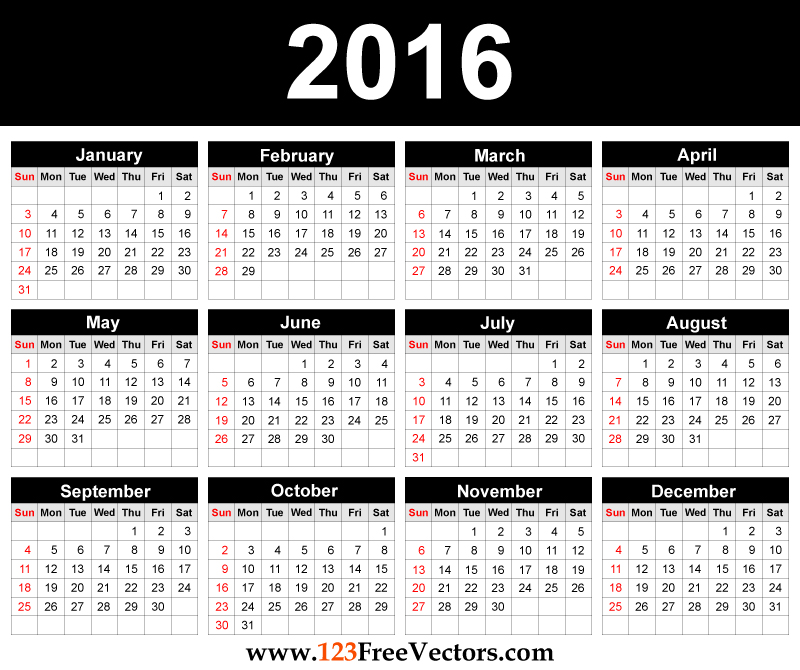 Printable 2016 Calendar Template by 123freevectors on DeviantArt